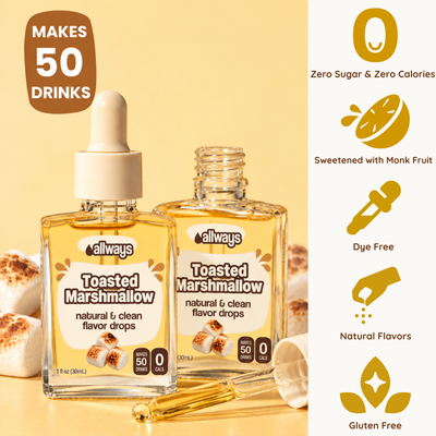 Two bottles of Allways Toasted Marshmallow natural and clean flavor drops shown on a warm beige background with toasted marshmallows and informational callouts about zero sugar, zero calories, monk fruit sweetening, dye free, natural flavors, and gluten free.