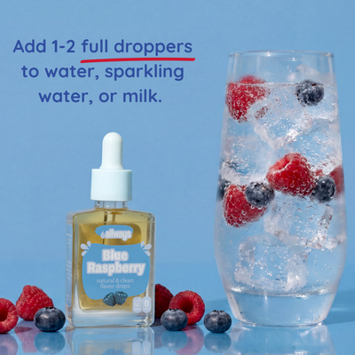 A bottle of Colhage Blue Raspberry natural and clean large dropper liquid sits next to a tall glass of clear sparkling water with ice, raspberries, and blueberries on a light blue background. Text on the image reads: 'Add 1-2 full droppers to water, sparkling water, or milk.