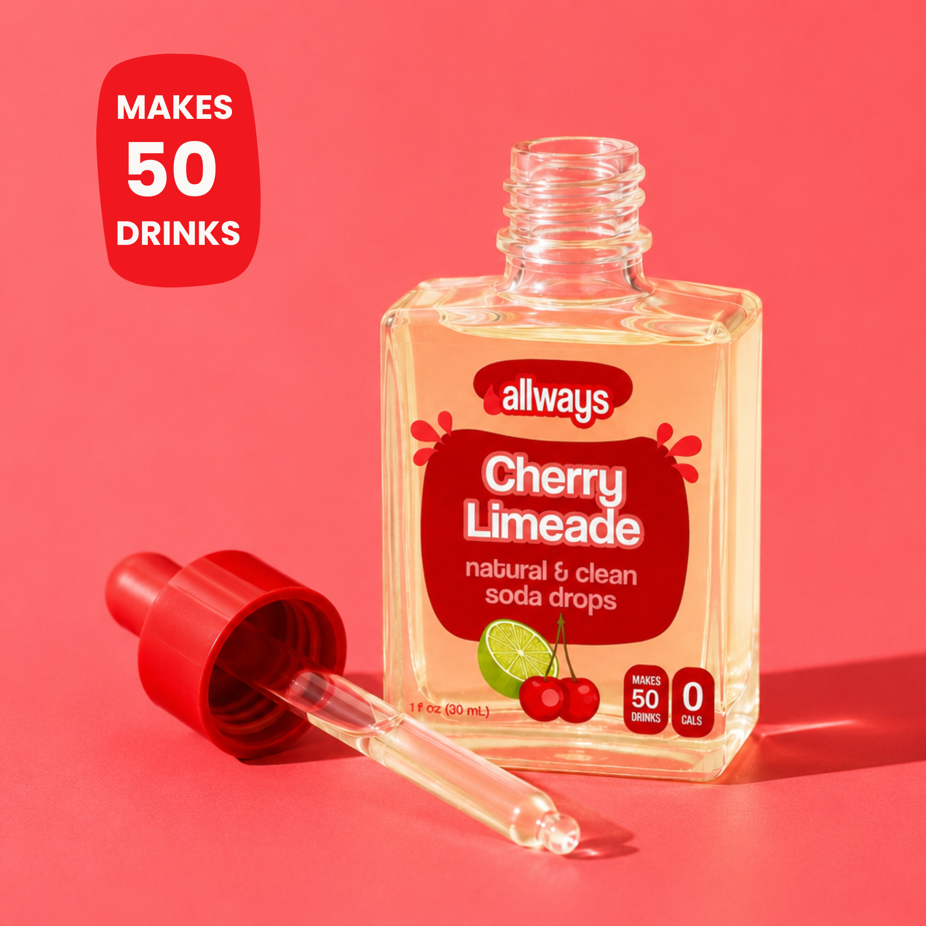 A bottle of Allways Cherry Limeade natural and clean soda drops with its dropper cap removed, set against a solid pink background with a red badge stating 'MAKES 50 DRINKS'.