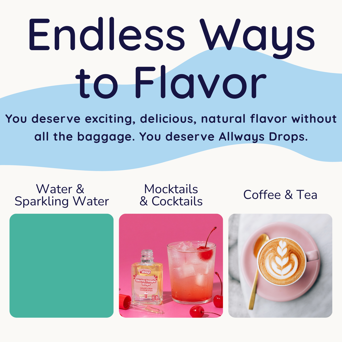 Promotional graphic for Always Drops featuring the text 'Endless Ways to Flavor' with three flavor panels below: Water & Sparkling Water in a teal swatch, Mocktails & Cocktails in a pink drink with cherries, and Coffee & Tea in a latte cup. The brand name 'Always Drops' is visible on the bottle in the mocktail panel.