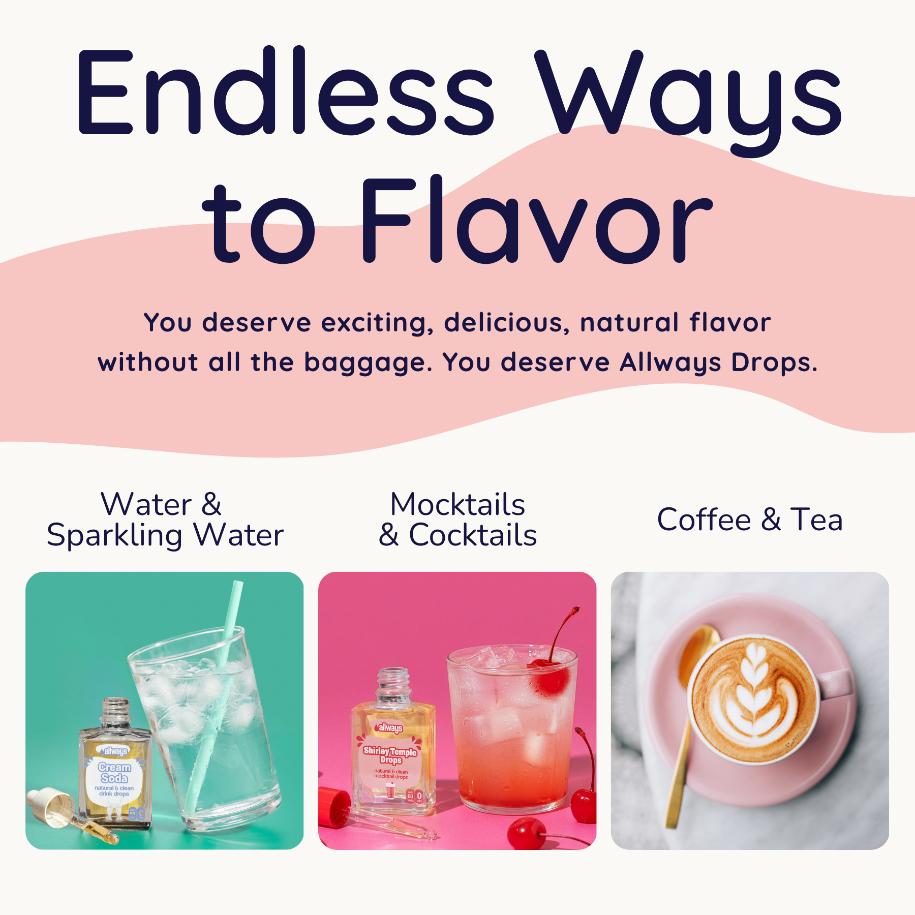Advertisement for Allways Drops with images of drinks and text about flavor options.
