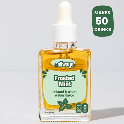 A bottle of Allways Frosted Mint water flavor drops with amber liquid inside, featuring a white dropper cap and a light green label. A dark green badge in the top right corner reads 'MAKES 50 DRINKS'.