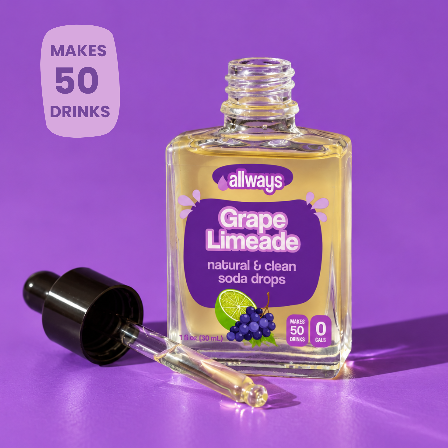 A bottle of Allways Grape Limeade natural and clean soda drops with its dropper lying beside it on a purple background. A badge in the top left corner reads 'MAKES 50 DRINKS'.