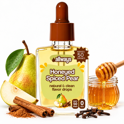 A bottle of Allways Honeyed Spiced Pear flavor drops centered on a white background, surrounded by a whole pear, sliced pear, cinnamon sticks, cloves, honey in a small jar with a wooden dipper, and a brown dropper cap.