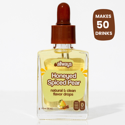 A bottle of Allways Honeyed Spiced Pear flavor drops with a brown dropper cap, shown on a white background with a brown badge that reads 'MAKES 50 DRINKS'.