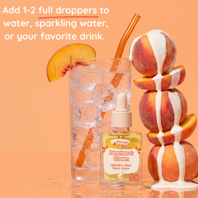 A bottle of Allways Peaches & Cream natural & clean flavor drops stands in front of a glass of water with ice, a peach slice, and an orange straw, with stacked peach halves drizzled in white cream on the right. Text at the top says to add 1-2 full droppers to water, sparkling water, or your favorite drink.