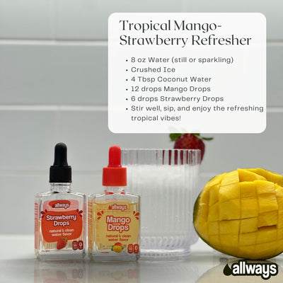 Two bottle of 'always' drops with a glass of water and tropical fruits on a white background.