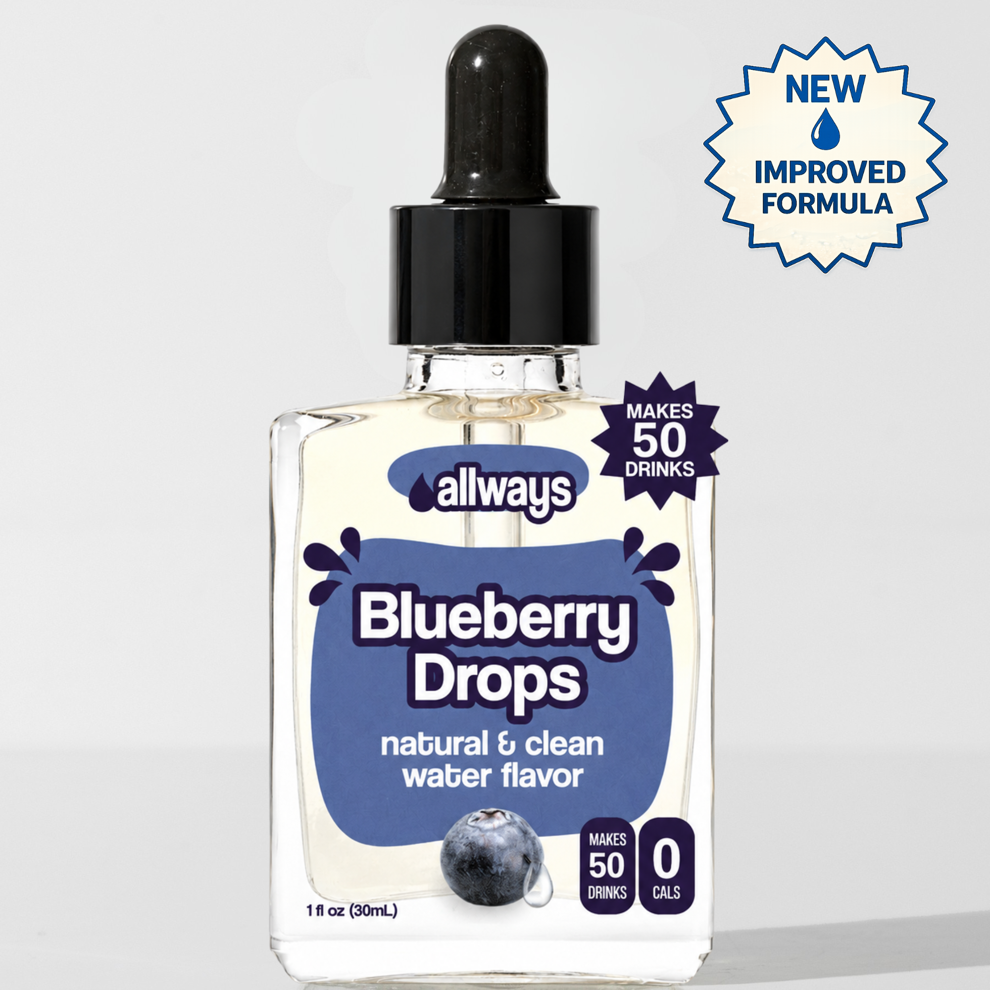 A bottle of Allways Blueberry Drops water flavor with a black dropper cap, shown on a light gray background with promotional badges indicating 'New Improved Formula' and 'Makes 50 Drinks'.