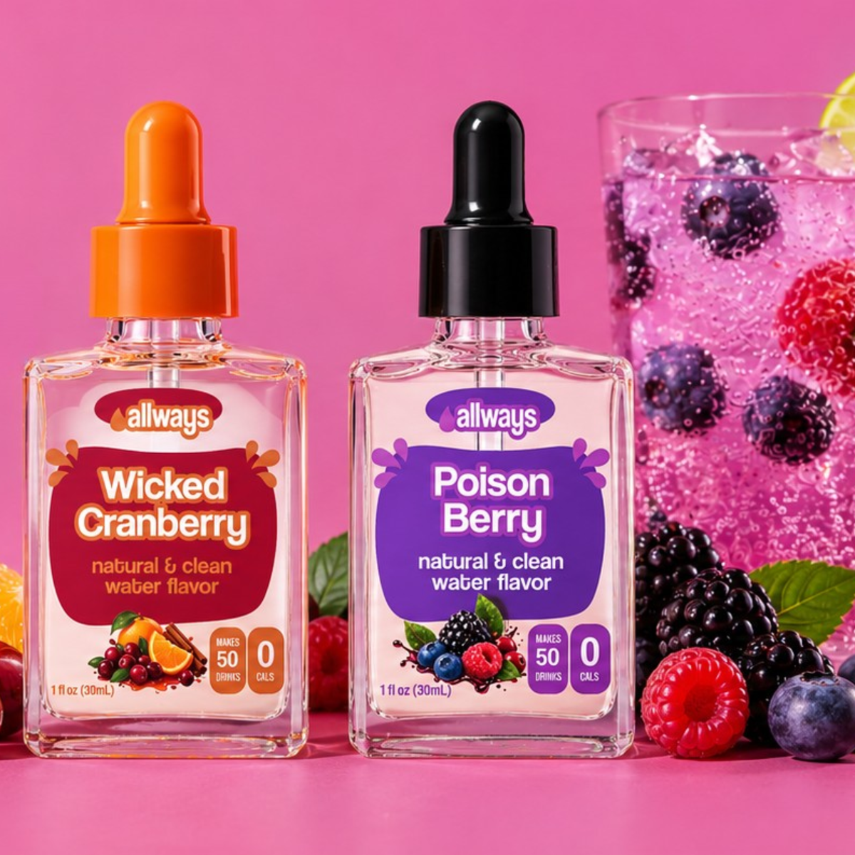 Two bottles of Allways bottled water flavor syrup on a pink background, with a glass of berry soda in the background. The bottles are labeled 'Wicked Cranberry' with an orange dropper cap and 'Poison Berry' with a black dropper cap.