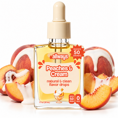 A bottle of Allways Peaches & Cream natural and clean flavor drops centered on a white background, surrounded by fresh peach slices and whole peaches with white drizzle. The bottle has a beige dropper cap and a clear glass body showing the yellow-orange liquid inside.