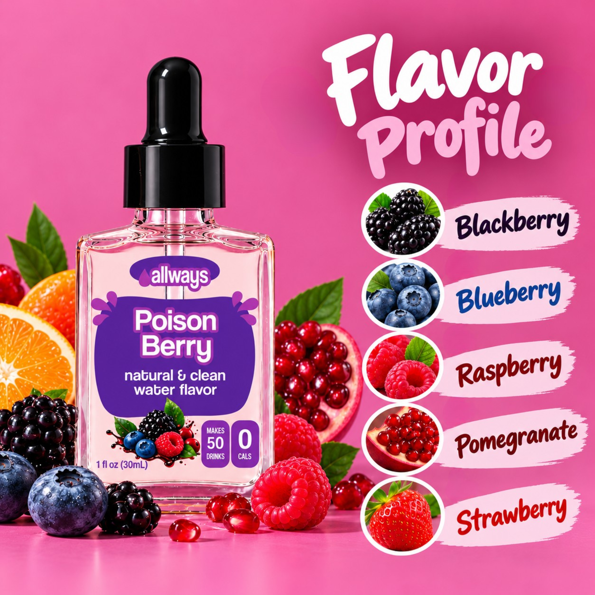 A bottle of Allways Poison Berry water-based dropper product on a bright pink background, surrounded by illustrated and real berries, citrus, and pomegranate, with a 'Flavor Profile' graphic listing Blackberry, Blueberry, Raspberry, Pomegranate, and Strawberry.