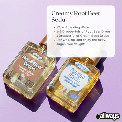 Two bottles of 'allways' root beer and cream soda drops on a purple background with recipe text.