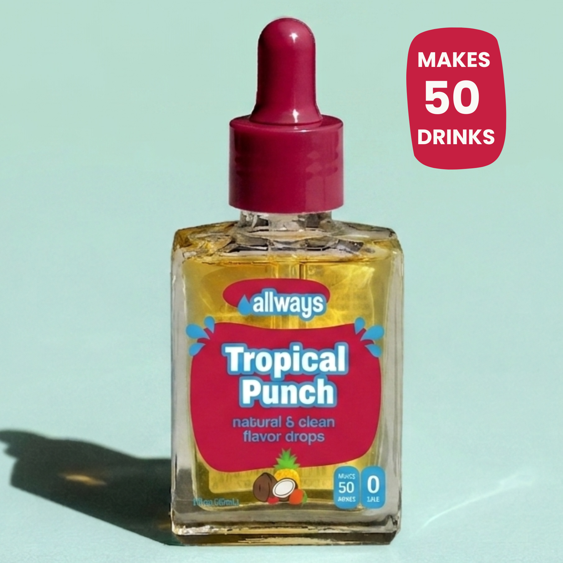 A bottle of Allways Tropical Punch natural and clean flavor drops with a dropper cap, shown on a light mint green background with a red badge stating 'Makes 50 Drinks'.