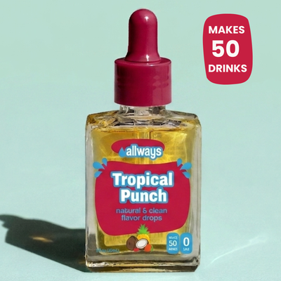 A bottle of Allways Tropical Punch natural and clean flavor drops with a dropper cap, shown on a light mint green background with a red badge stating 'Makes 50 Drinks'.