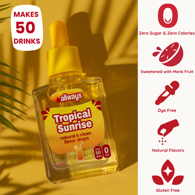 Allways Tropical Sunrise natural and clean flavor drops in a clear dropper bottle, shown on a warm yellow background with palm shadows and a white sidebar listing product benefits like zero sugar, zero calories, dye free, natural flavors, and gluten free.