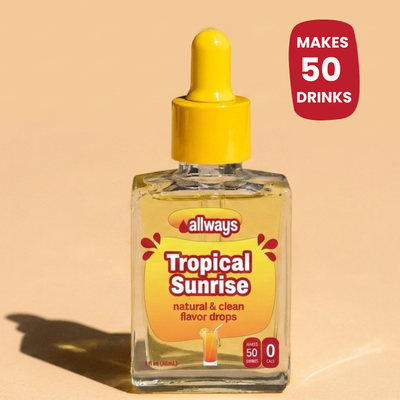A bottle of Allways Tropical Sunrise natural and clean flavor drops with a yellow dropper cap, set against a warm beige background with a red badge stating 'Makes 50 Drinks'.