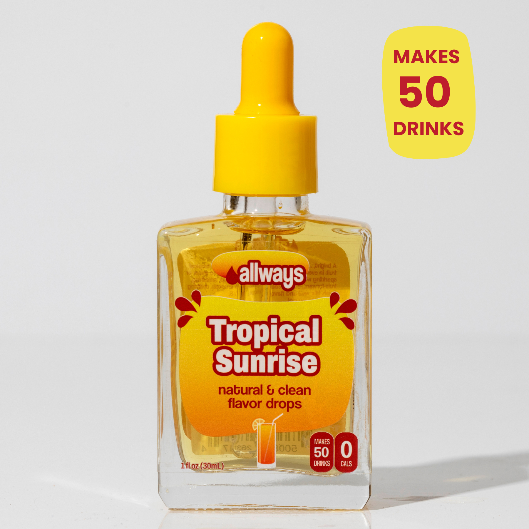 A bottle of allways Tropical Sunrise flavor drops in a clear glass container with a bright yellow dropper cap, shown on a light gray background with a yellow badge that reads 'MAKES 50 DRINKS'.