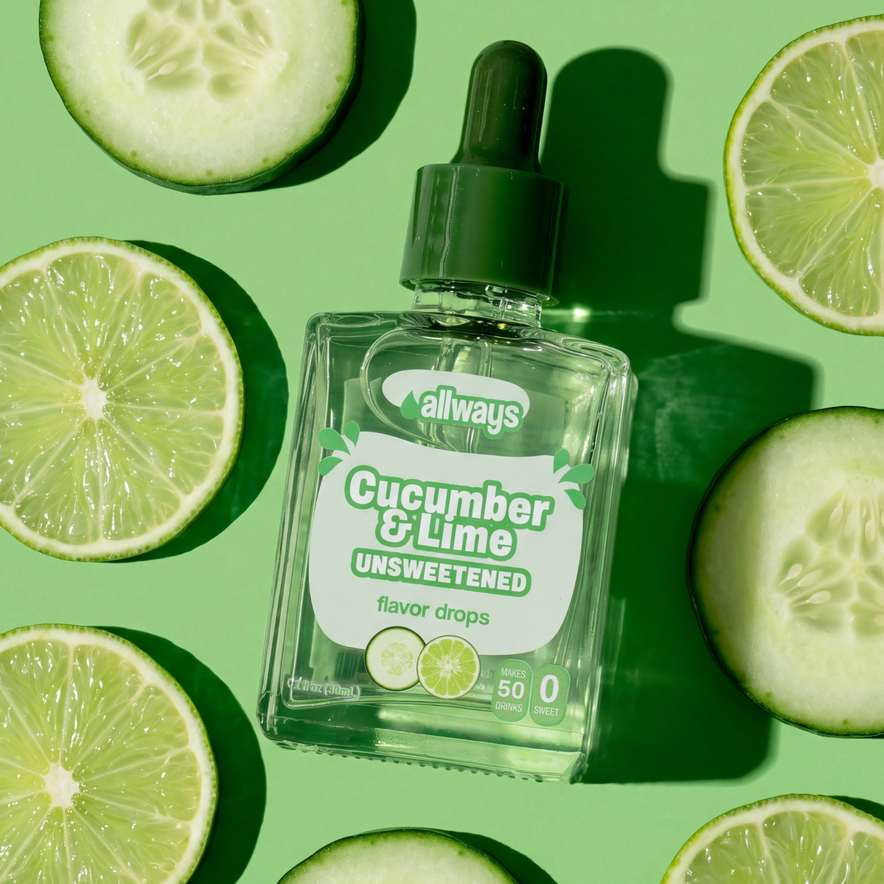 Bottle of 'Allways' Cucumber & Lime flavor drops surrounded by sliced cucumbers and limes on a green background