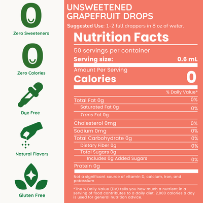 Nutrition facts label for unsweetened grapefruit drops with green icons and text on a pink background.