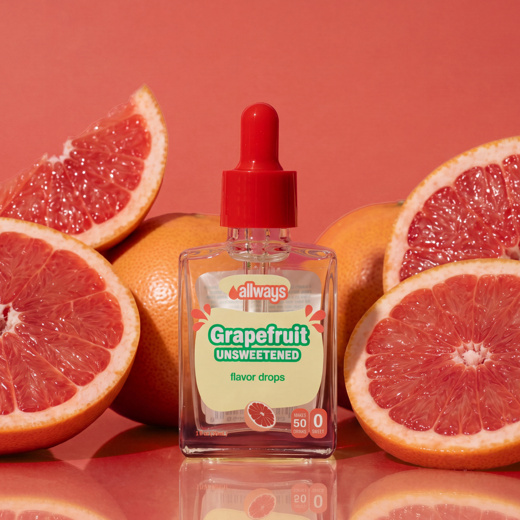 Bottle of allways Grapefruit Unsweetened flavor drops with grapefruits on a pink background