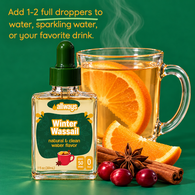 Allways Winter Wassail Drops bottle with a green label and orange accents displayed in front of a steaming glass mug of hot water with orange slices, alongside fresh orange wedges, cinnamon sticks, star anise, and cranberries on a solid green background. Orange text reads, “Add 1-2 full droppers to water, sparkling water, or your favorite drink."